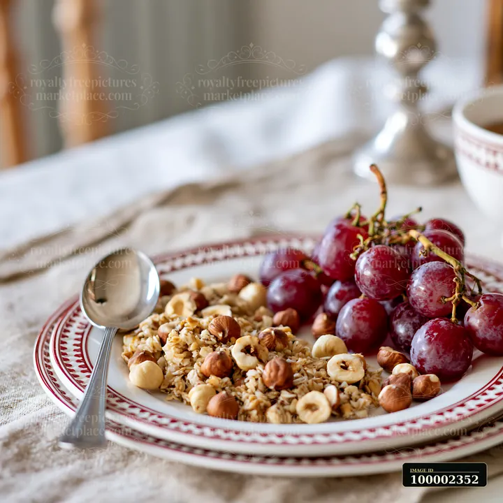 Breakfast plate with muesli shows a serving of granola with hazelnuts beside fresh grapes.