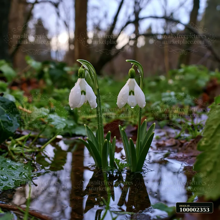 Two snowdrop flowers bloom in a wetland area beneath trees, surrounded by green leaves and reflected in water.
