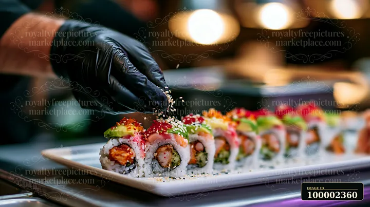 A chef prepares a dragon roll close-up, carefully adding sesame seeds on top.