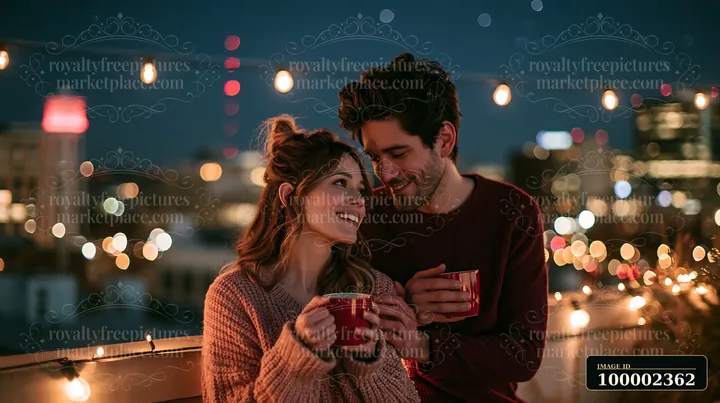 A couple shares hot drinks under stars on a rooftop.