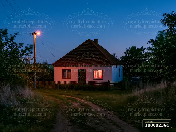 A small house stands on a dirt path as night falls, its windows glowing softly with light.