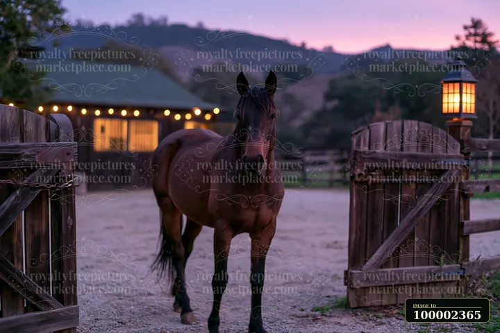 A horse stands near an open gate in front of a stable with lanterns glowing softly.