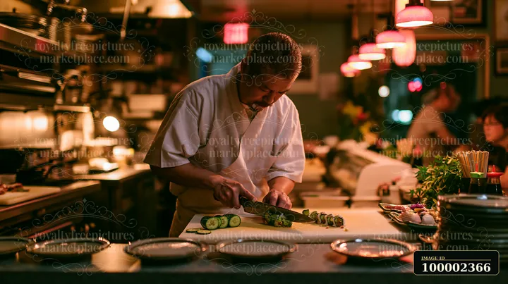 A chef slices sushi rolls in a warm, softly lit restaurant.