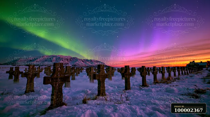 A military cemetery beneath northern lights, with grave markers lined up in rows under a colorful sky.
