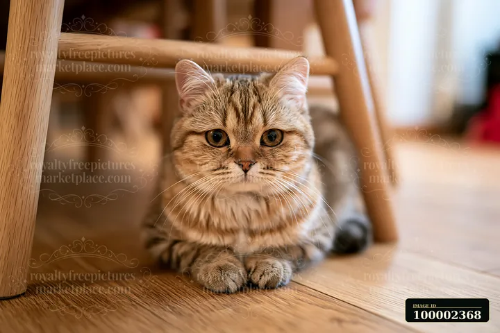 A Minskin cat rests under a chair on a wooden floor in a home.