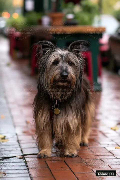 A rare dog breed stands on a wet brick sidewalk outside a café.
