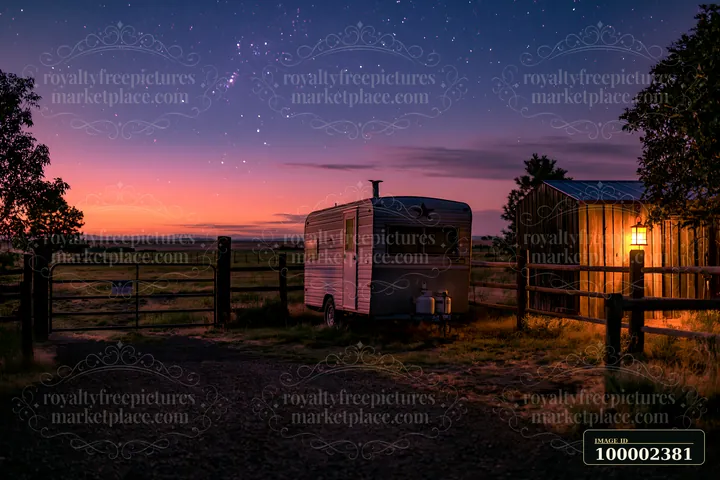 A horse trailer stands beside a wooden barn, illuminated by a light, under a starry sky at dusk.