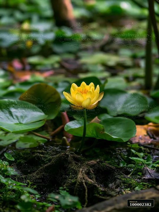 A yellow water lily in small pond stands among green leaves and wet soil.