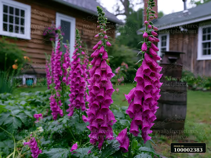 Bright foxglove flowers grow near a rustic cottage setting, showcasing vibrant colors.