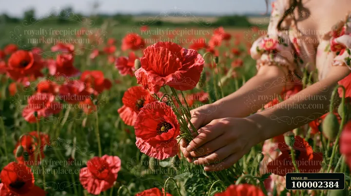 A person is hand gathering wild meadow flowers in a field filled with bright red poppies.