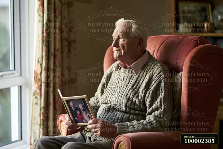 A senior man with Alzheimer's holding a photo of family sits in a cozy armchair by a window.