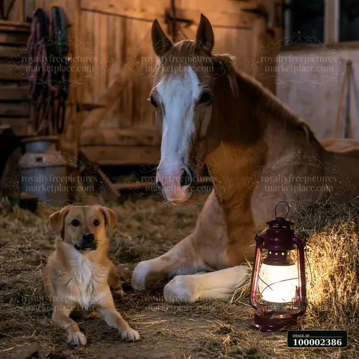 A horse rests beside a lantern in a stable.