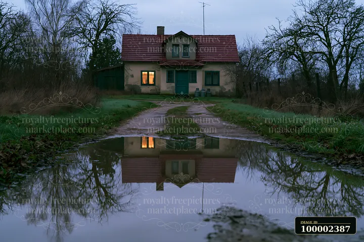 A cottage with a weathered facade stands at the end of a muddy path.
