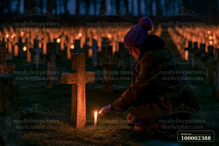 A person kneels at a war cemetery during nighttime, lighting a candle beside a grave cross.