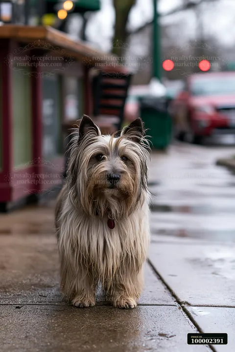 A rare dog breed stands at an outdoor café on a rainy day.