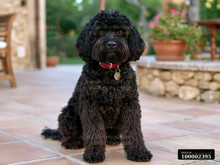 A rare dog breed with unusual coat texture sits on a tiled patio in a garden setting.