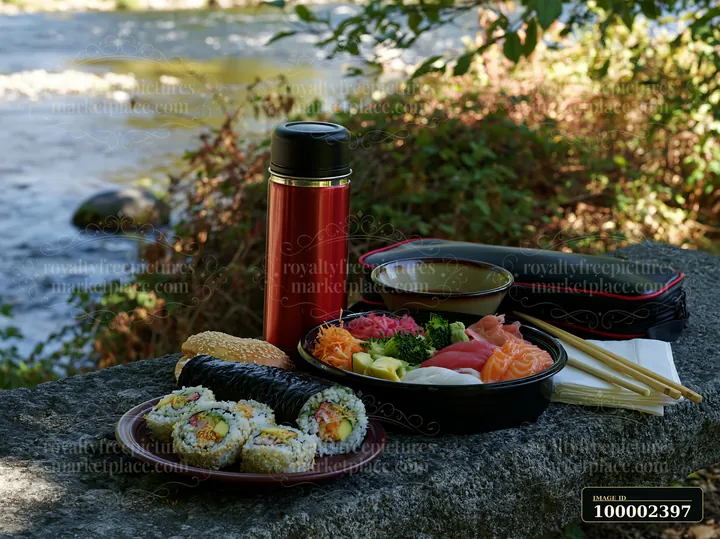 A collection of sushi, sashimi, and side dishes is arranged on a stone surface near a river.