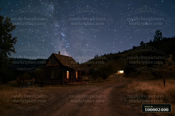 A small cabin stands along a dirt road, illuminated by lights from windows.