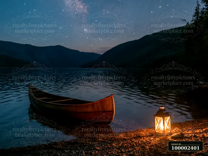A wooden boat rests on the shore of a mountain lake with stars shining in the night sky above.