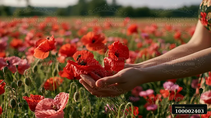 A person is gathering wild meadow flowers in a field filled with red and pink blooms under sunlight.