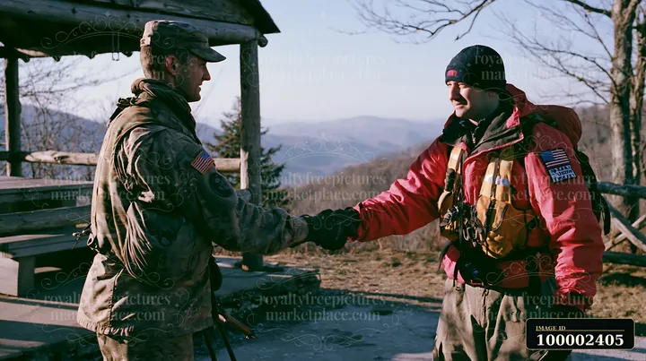 A soldier shaking hands with a rescue worker on a mountain trail during daylight.
