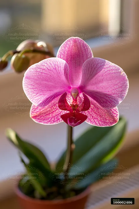 A purple orchid flower is blooming on a windowsill, showing detailed petals and vibrant colors.