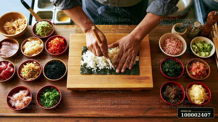 A chef preparing sushi at restaurant counter uses rice and seaweed to create sushi rolls.
