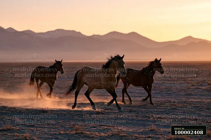 Wild horses are running across a desert plain with mountains in the background at sunset.