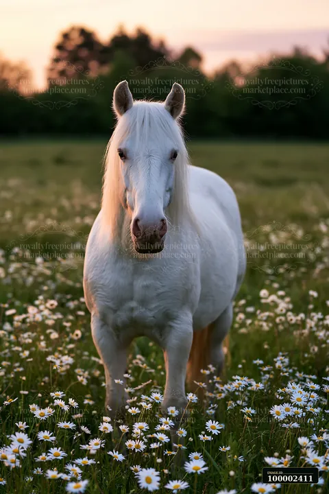 A white horse grazes in a spring meadow full of daisies as the sun sets.