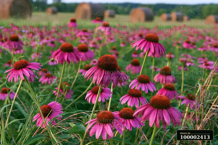 Echinacea flowers in prairie grow densely under a clear sky, surrounded by green grass and hay bales in the background.