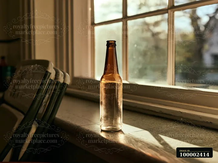 An empty bottle after party rests on a windowsill, capturing warm sunlight that filters through.