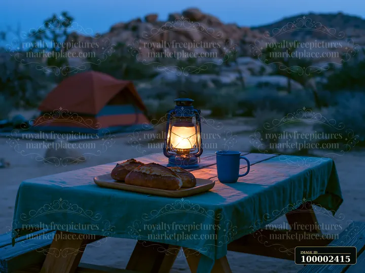 A lantern illuminates a table with bread and a cup at a campsite in the desert.