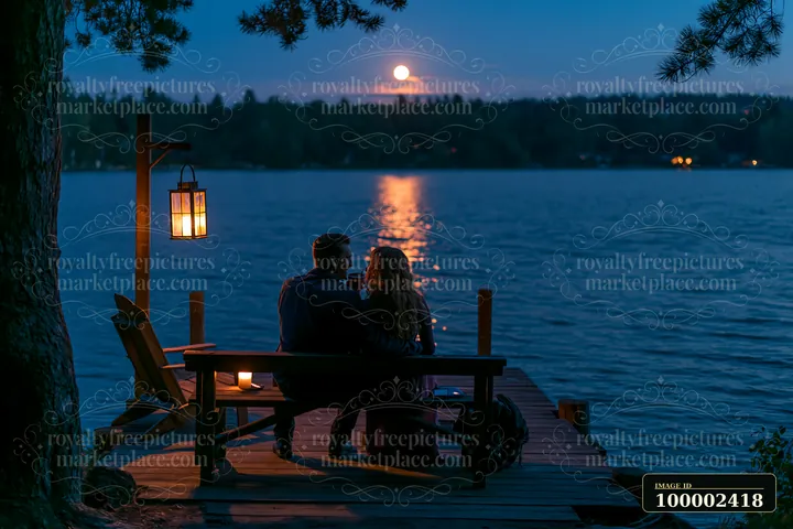 A couple enjoying a romantic night outdoors by the lake, sitting on a dock with a lantern.