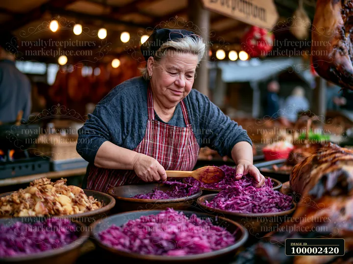 A woman prepares red cabbage at a traditional German pig roast celebration in an outdoor market.