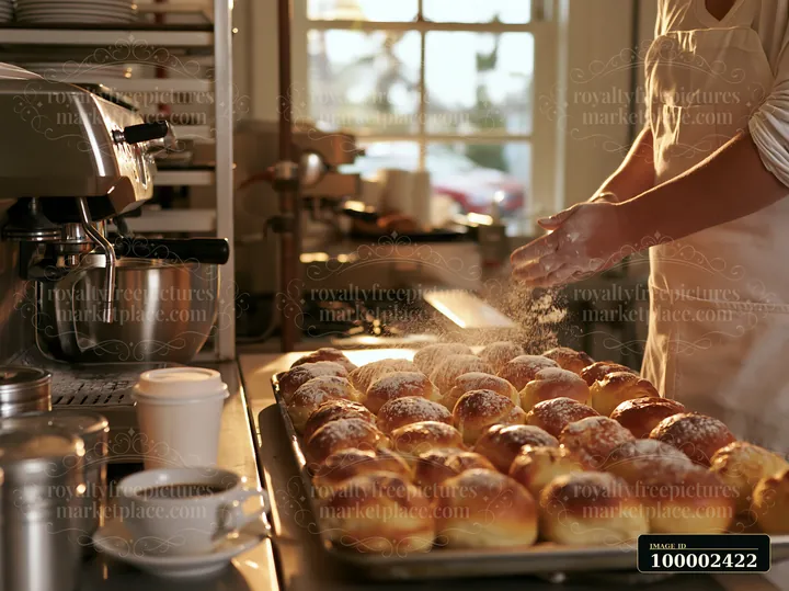A camera placed beside a cup of coffee captures the scene in a bakery.