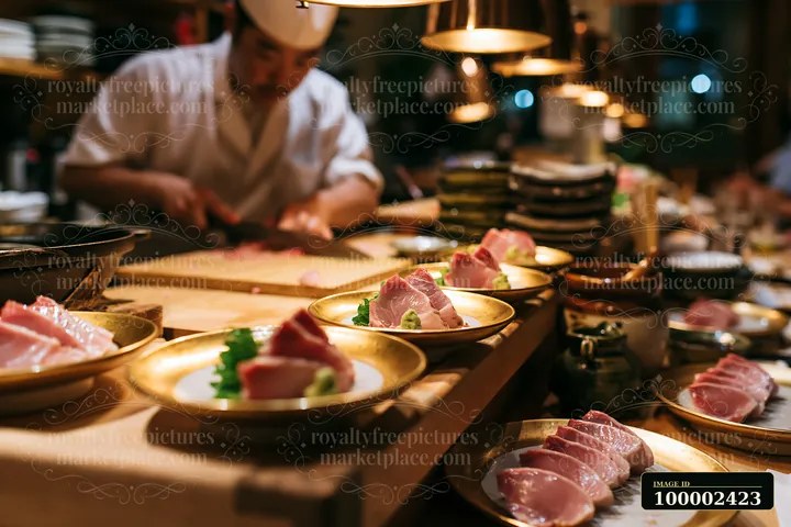 A sushi dinner under warm lighting shows a chef preparing fresh sushi at a restaurant.