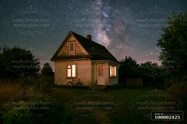 A farmhouse sits quietly under a starry night sky with bright stars and a visible Milky Way.