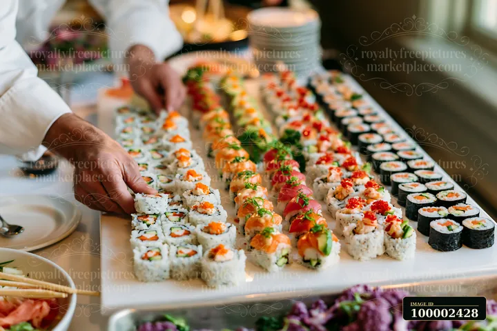 A large sushi platter is arranged on a table, featuring various rolls being served at a catering event.