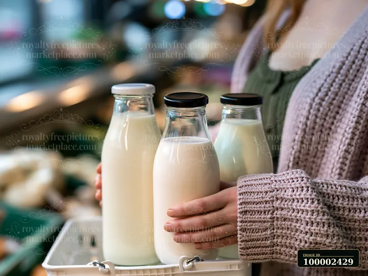 A customer at a local market compares three different bottles of milk while holding them in a basket.