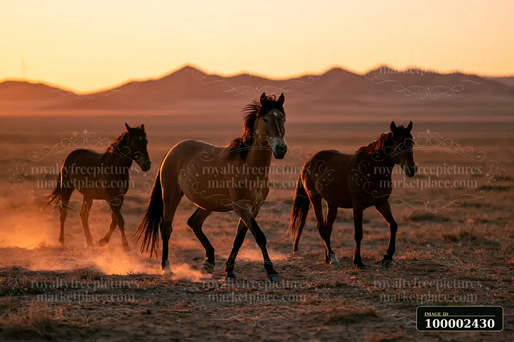Wild horses running across desert plain create clouds of dust as they move.