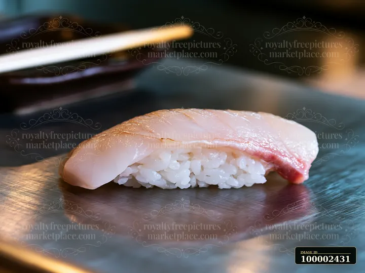 A single sushi piece is placed on a modern dining table setting.