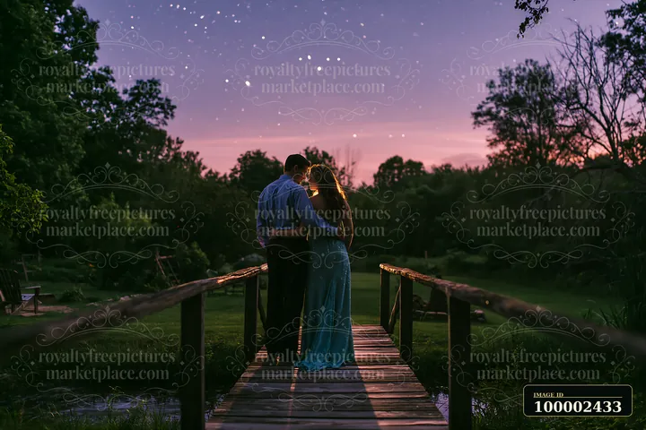 A couple stands closely together on a wooden bridge, surrounded by nature, enjoying a night under the stars in a rural backyard.
