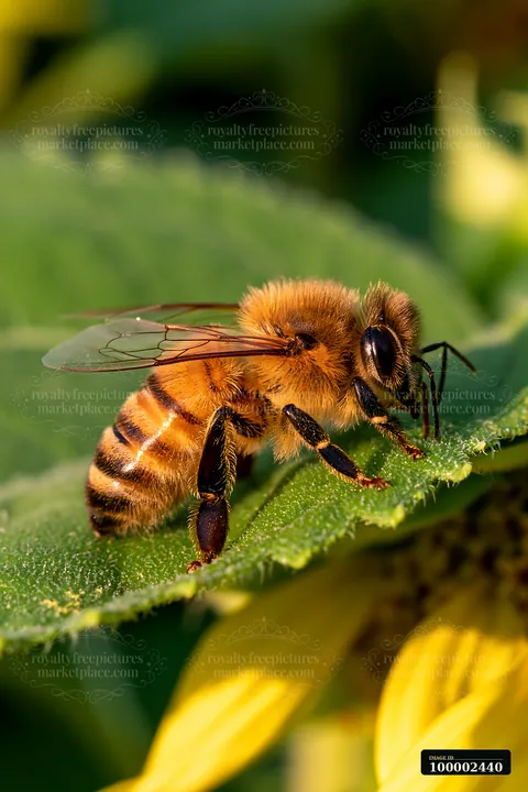 A honey bee resting on a leaf, surrounded by vibrant greenery and close to blooming flowers.
