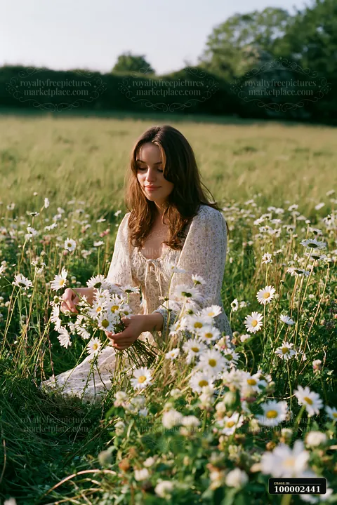 A person is hand gathering wild meadow flowers while sitting among daisies in a sunny field.