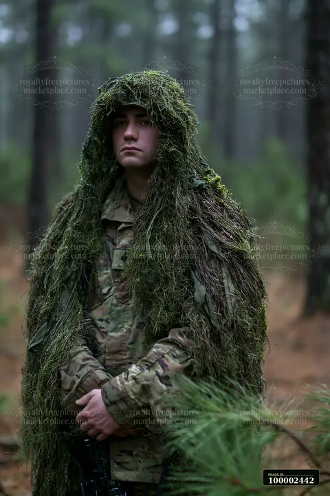 A soldier under camouflage netting stands still in a dense forest.