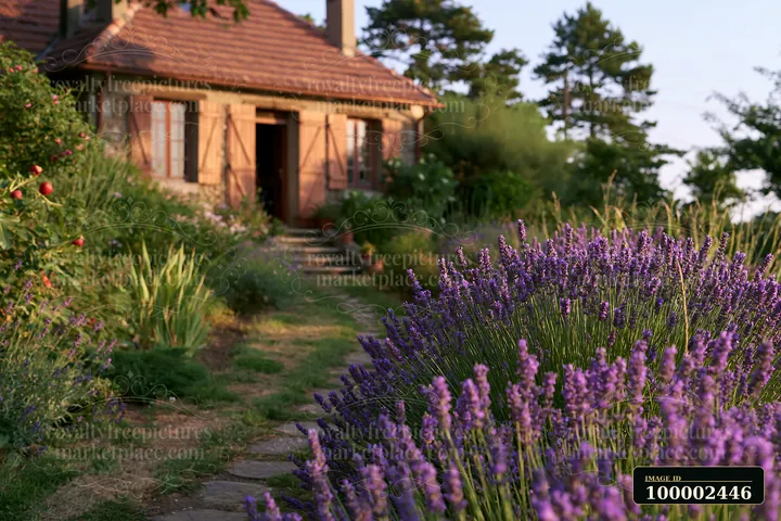 A rustic house with wooden shutters stands near a lavender garden, with a stone path leading to its door.
