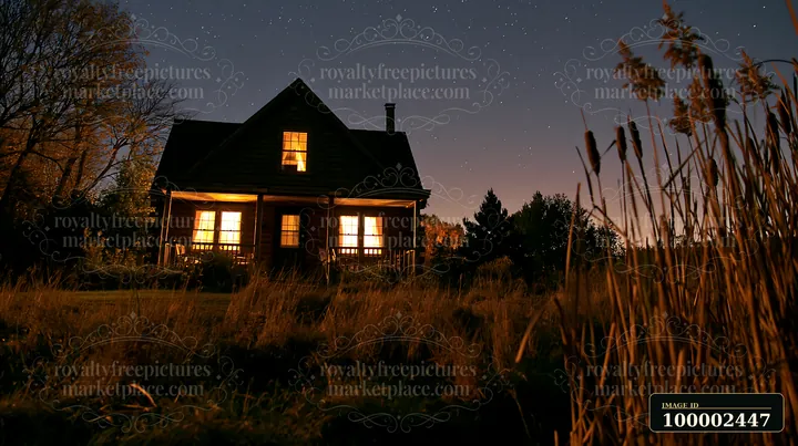 A cottage under stars with an open porch stands brightly lit at night.