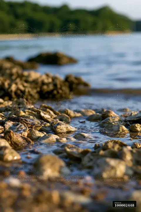 Oyster beds line the shoreline on a sunny day, partially submerged in water.