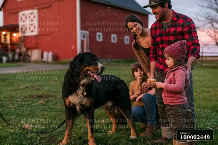 A family is playing and interacting with a rare dog breed on a grassy area near a farm at sunset.