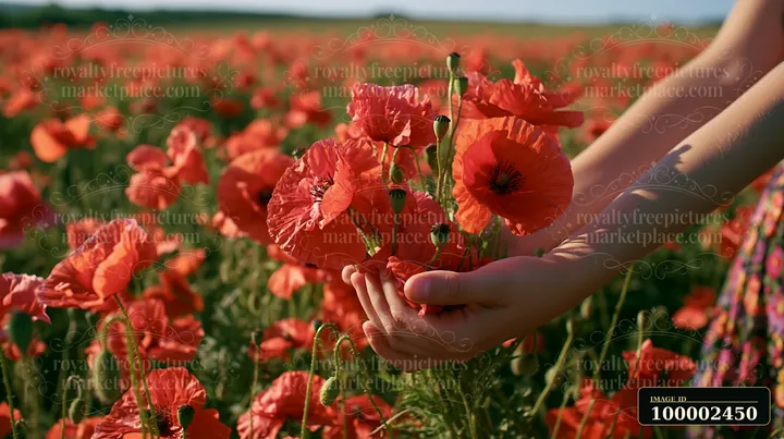 A person gathers vibrant red flowers in a sunny field.
